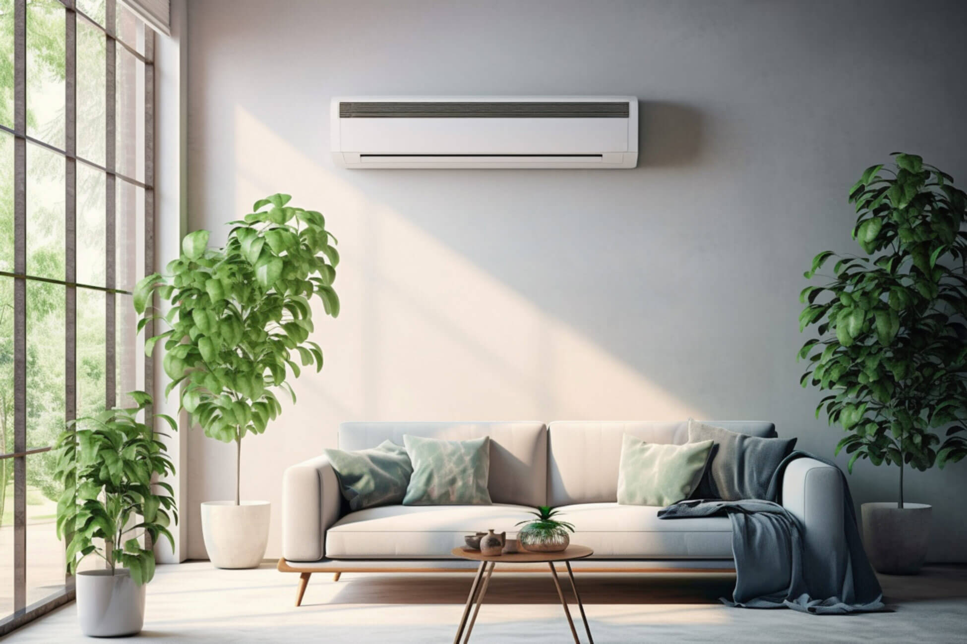 Air-conditioning-on-the-wall-in-the-living-room-with-large-windows-and-indoor-plants-and-a-sofa